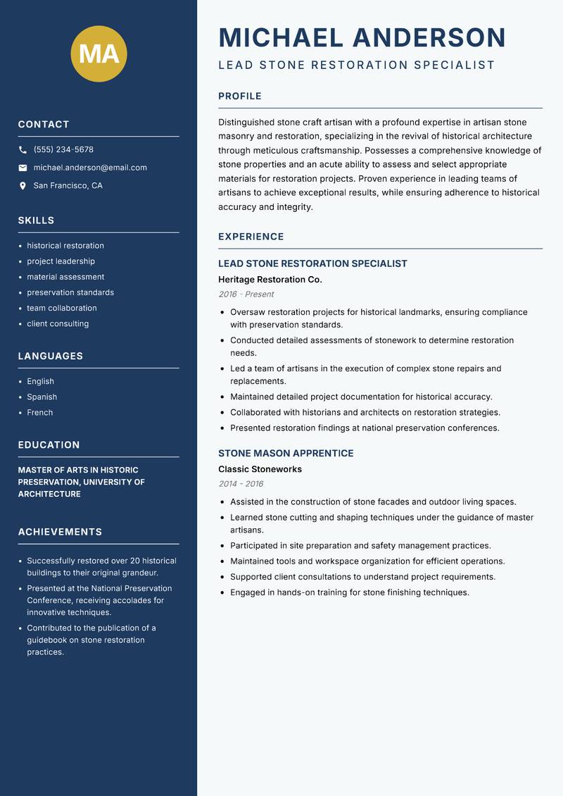 Stone Craft Artisan Resume Preview Example