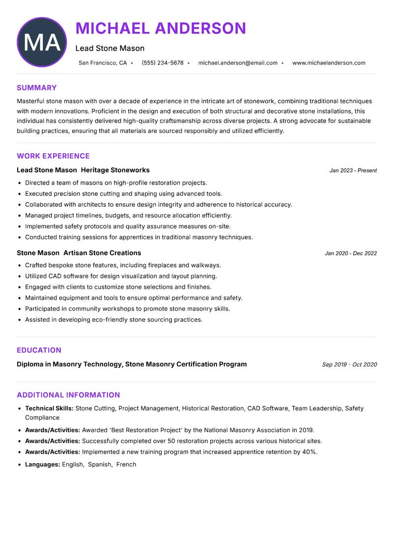 Stone Mason Resume Preview Example