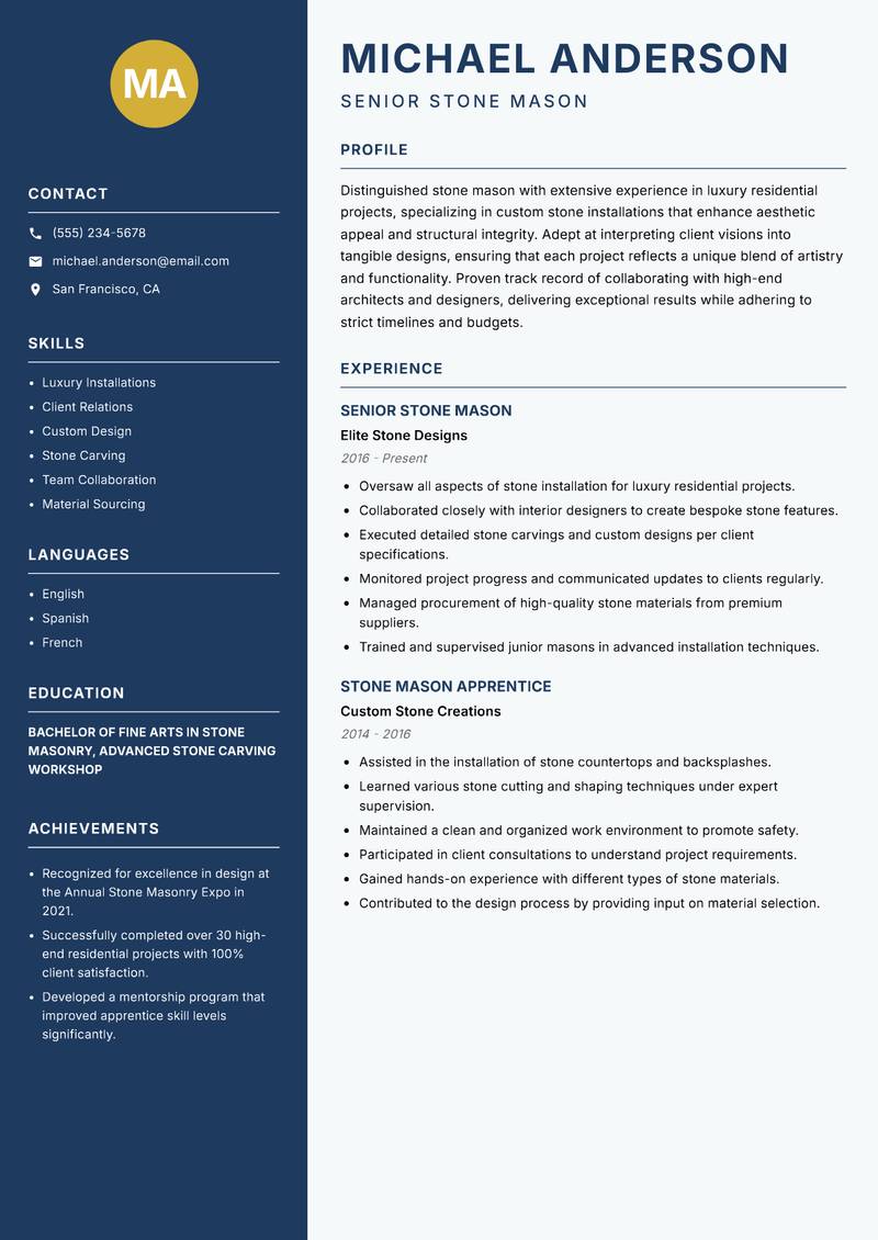 Stone Mason Resume Preview Example