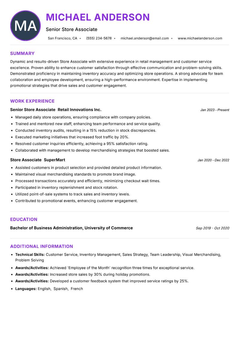 Store Associate Resume Preview Example