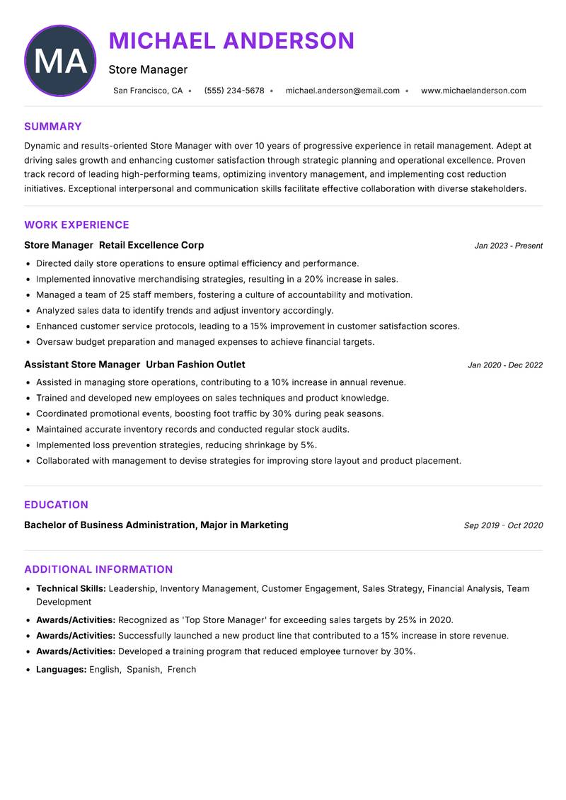 Store Manager Resume Preview Example