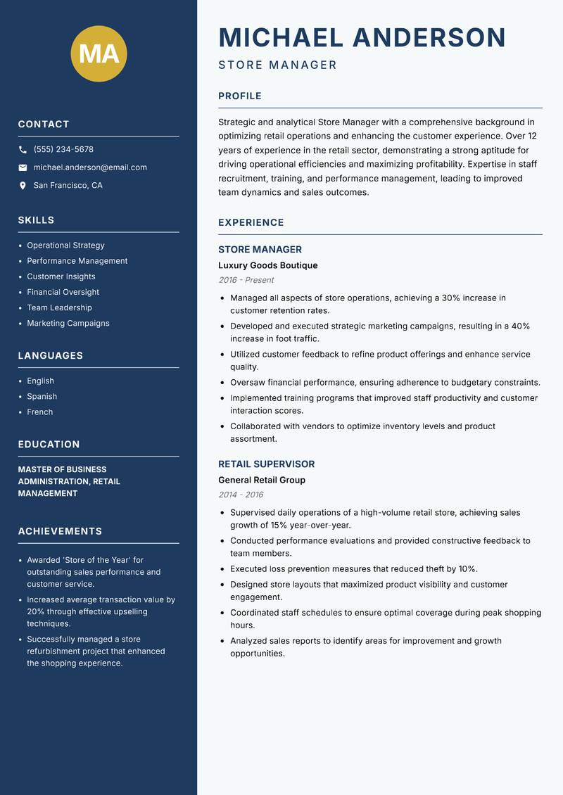 Store Manager Resume Preview Example