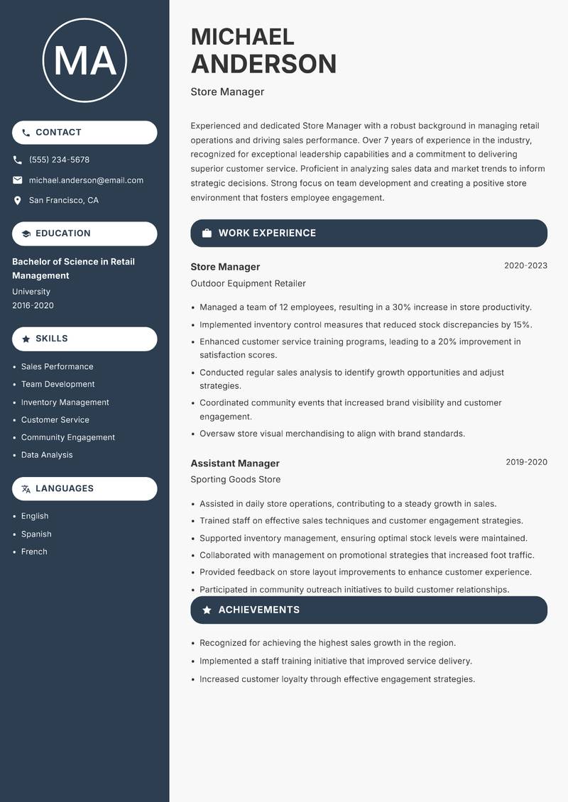 Store Manager Resume Preview Example