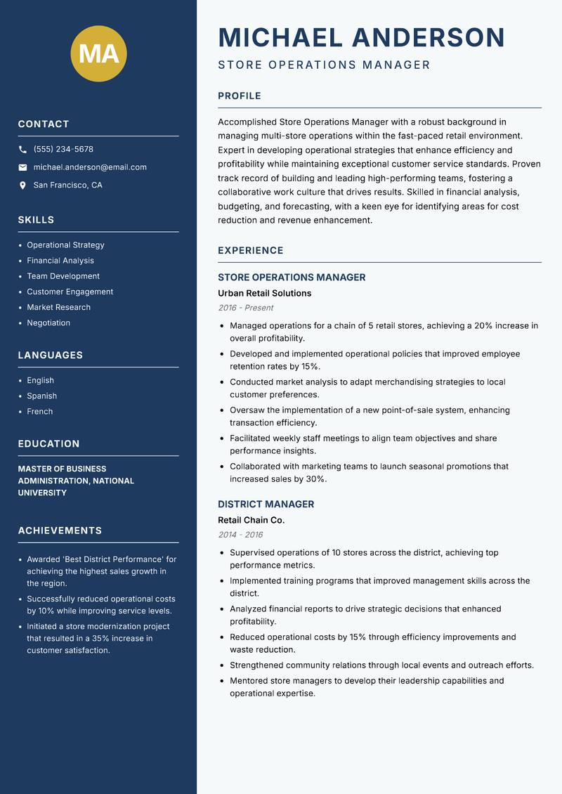 Store Operations Manager Resume Preview Example