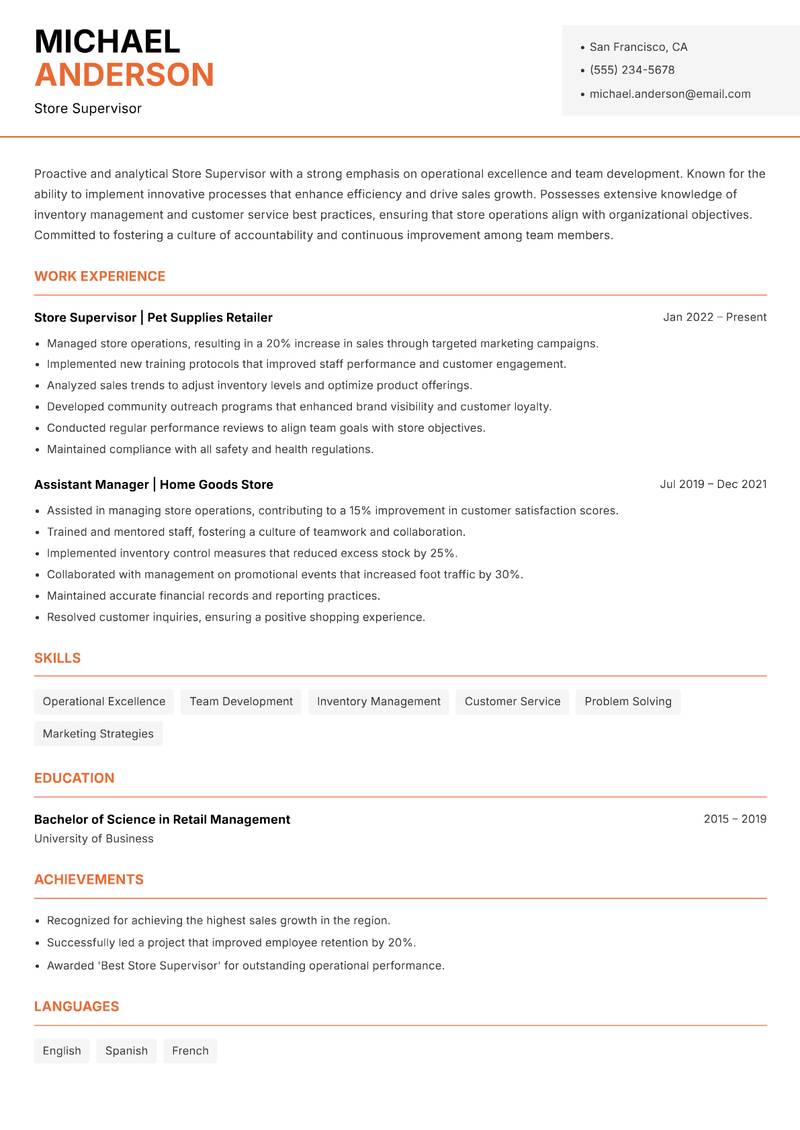 Store Supervisor Resume Template