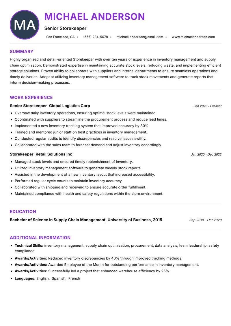 Storekeeper Resume Preview Example