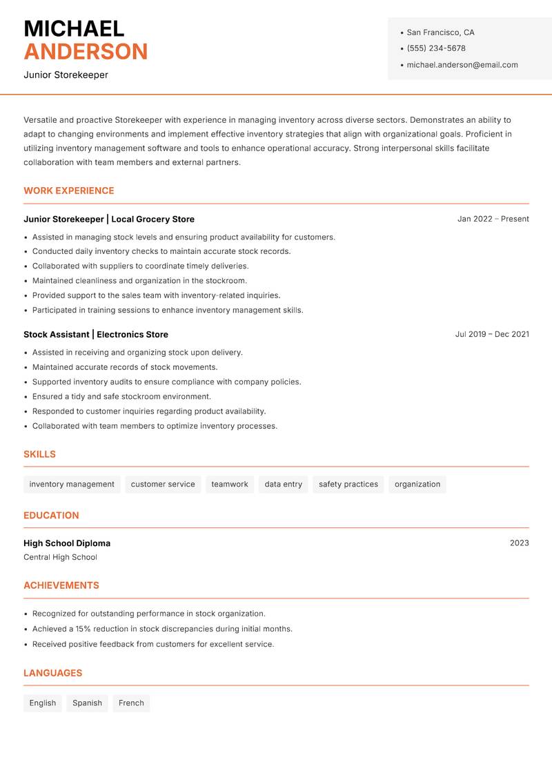 Storekeeper Resume Template