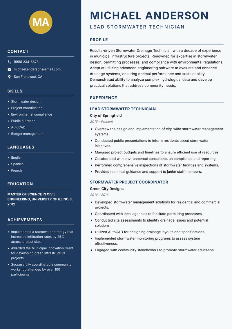 Stormwater Drainage Technician Resume Preview Example