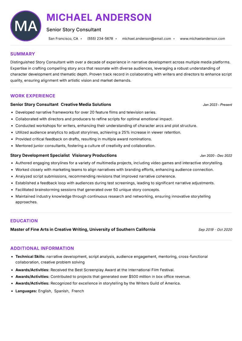 Story Consultant Resume Preview Example