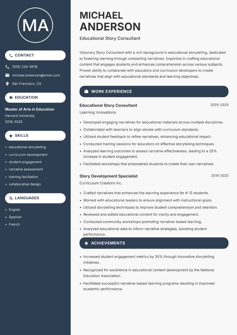 Story Consultant Resume Preview Example