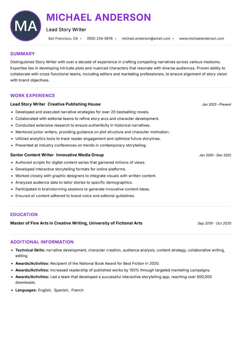 Story Writer Resume Preview Example