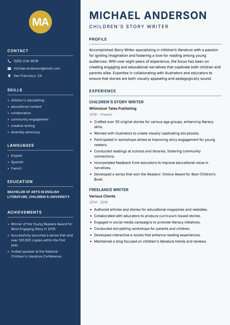Story Writer Resume Preview Example