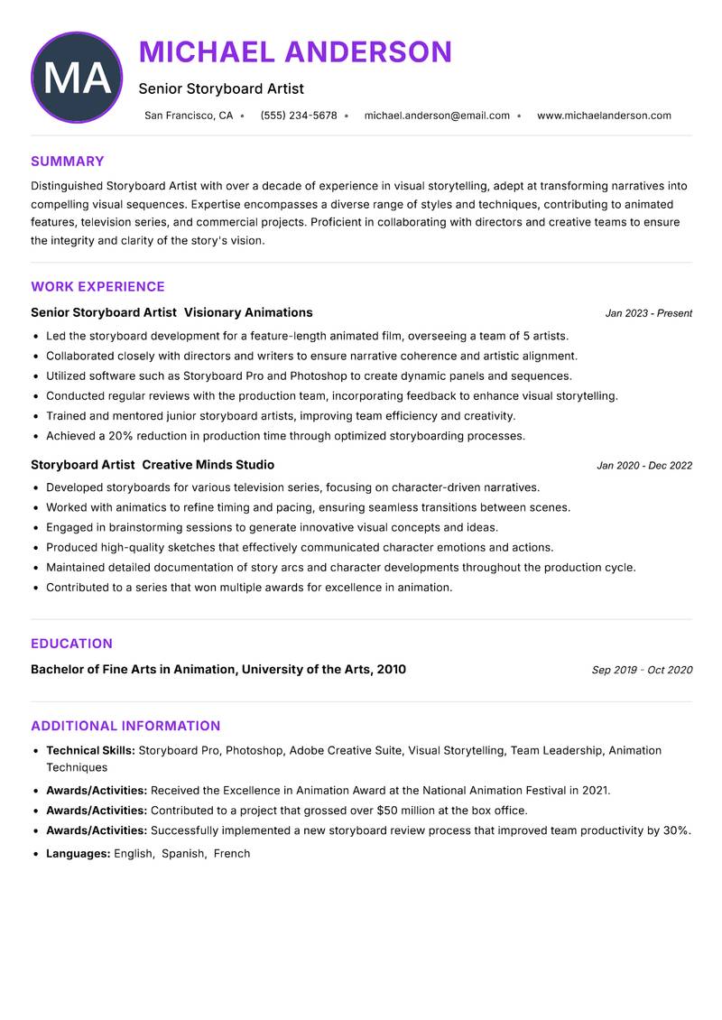 Storyboard Artist Resume Preview Example