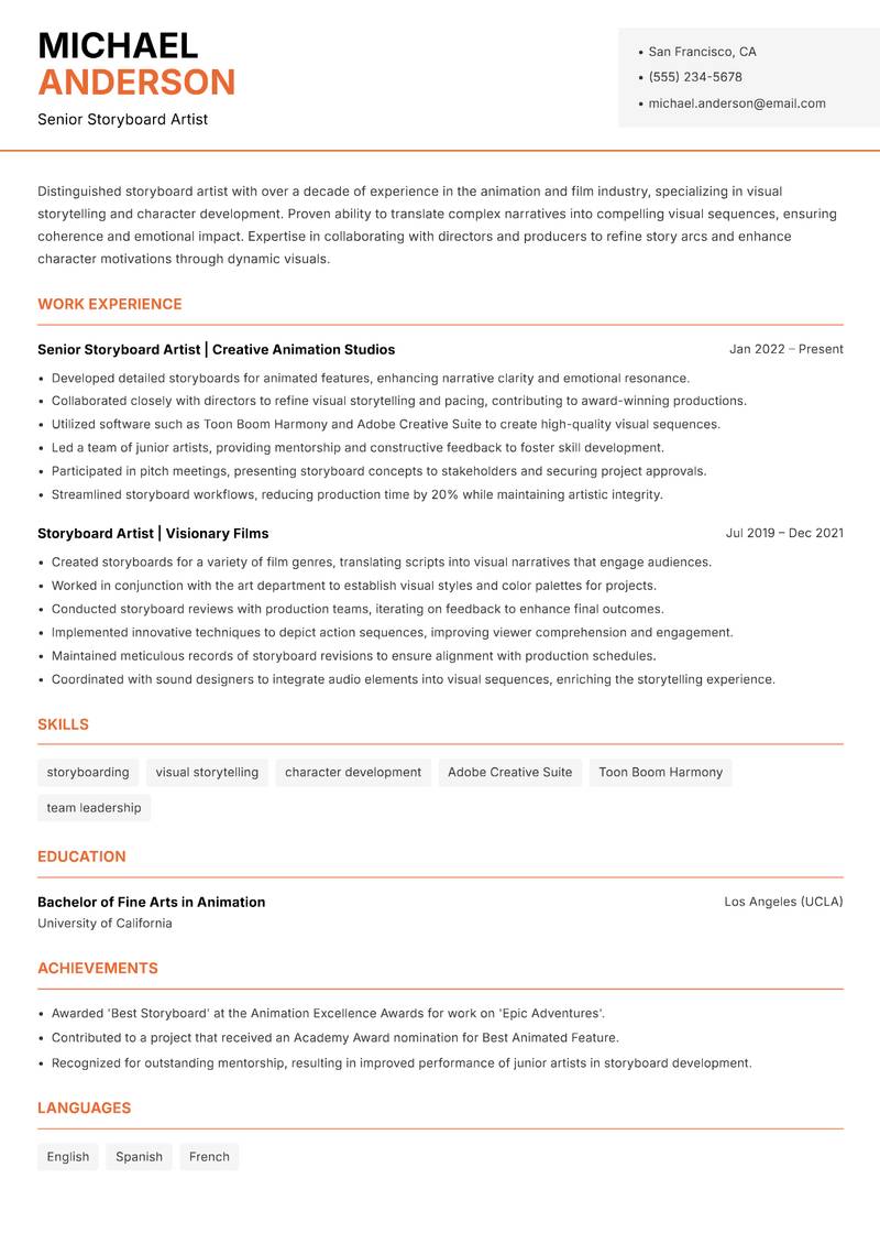 Storyboard Artist Resume Template