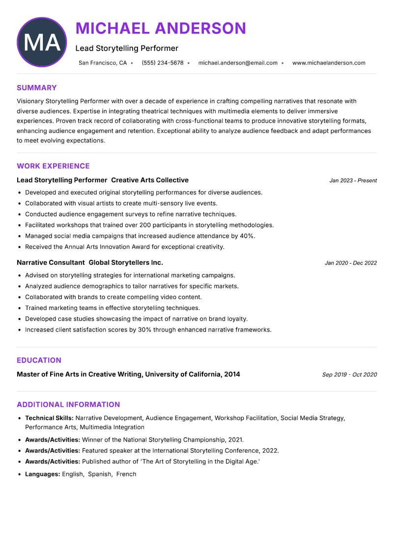Storytelling Performer Resume Preview Example