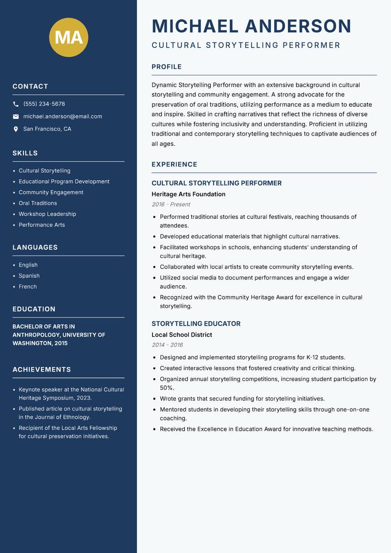 Storytelling Performer Resume Preview Example