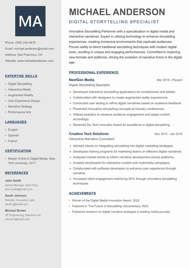 Storytelling Performer Resume Preview Example