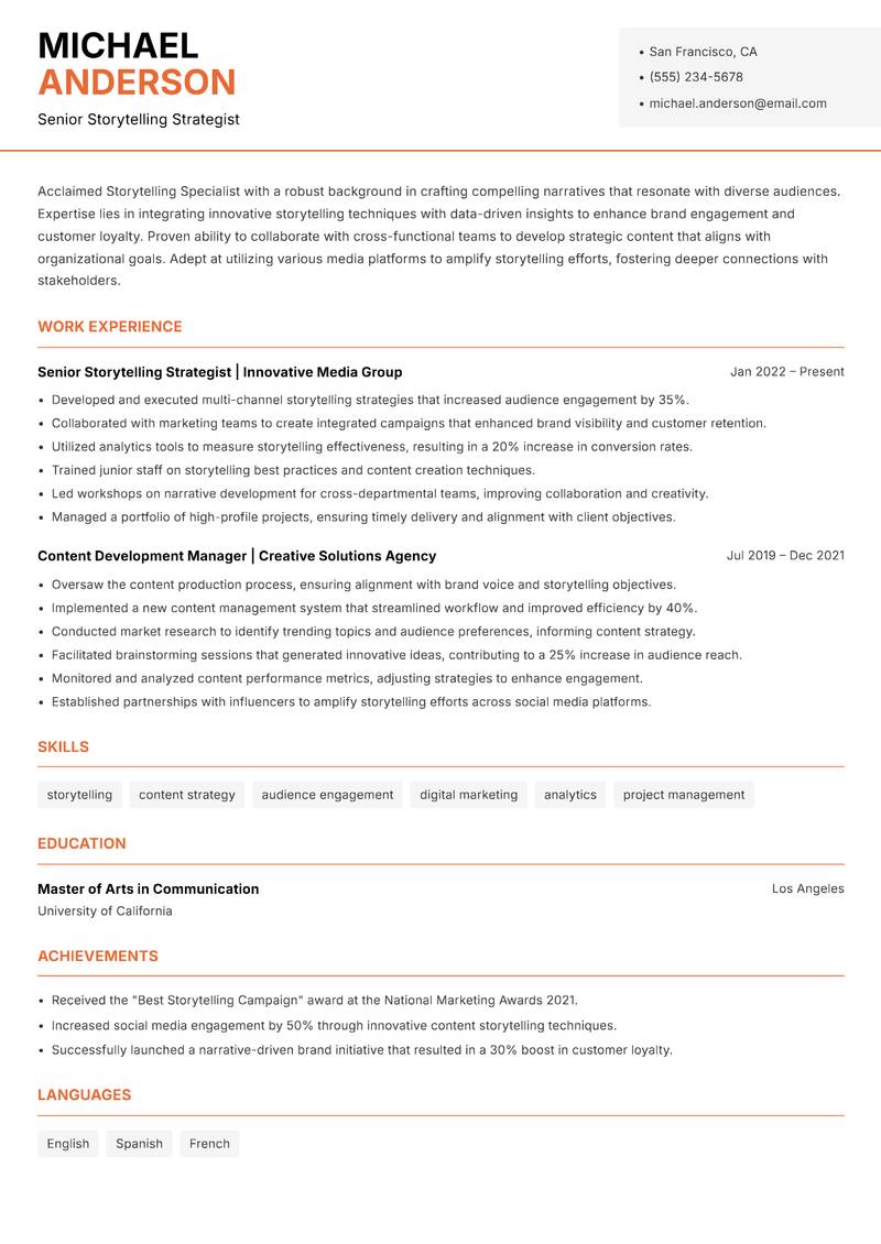 Storytelling Specialist Resume Template