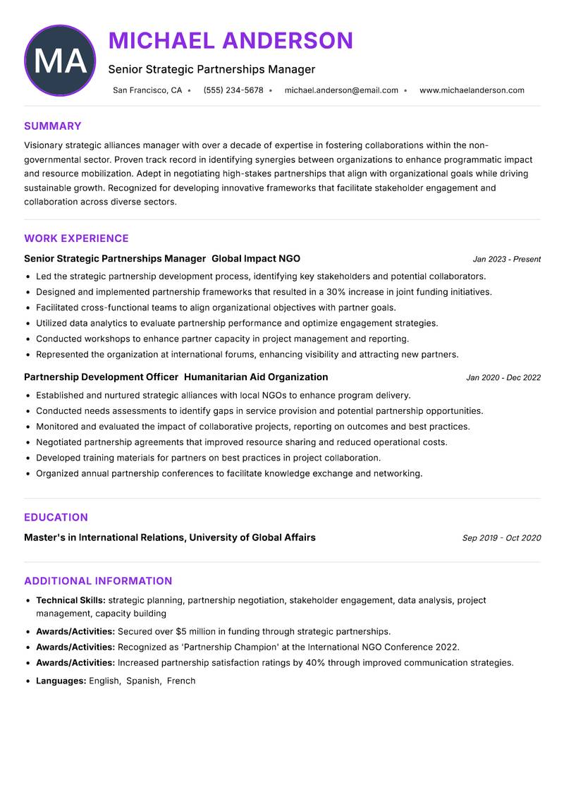 Strategic Alliances Manager NGO Resume Preview Example