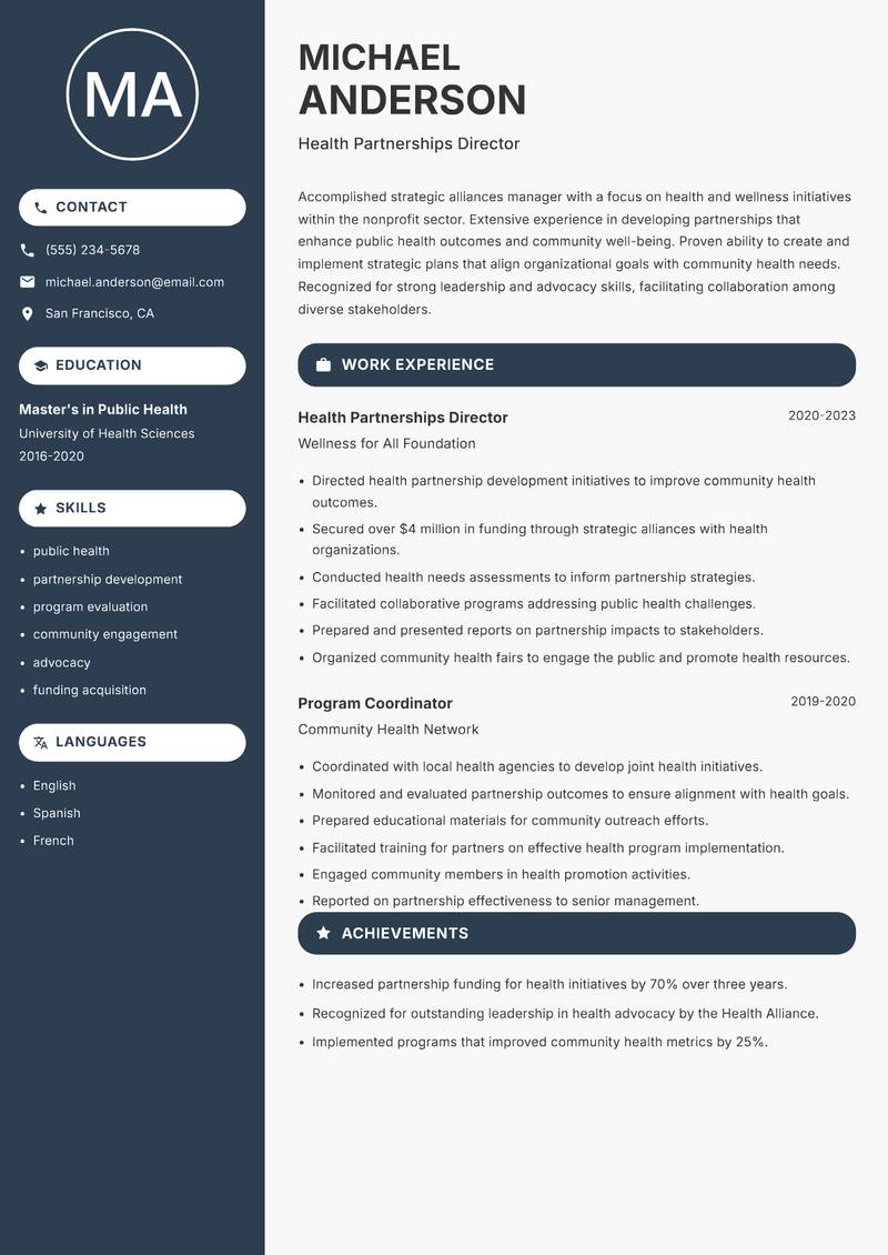 Strategic Alliances Manager NGO Resume Preview Example