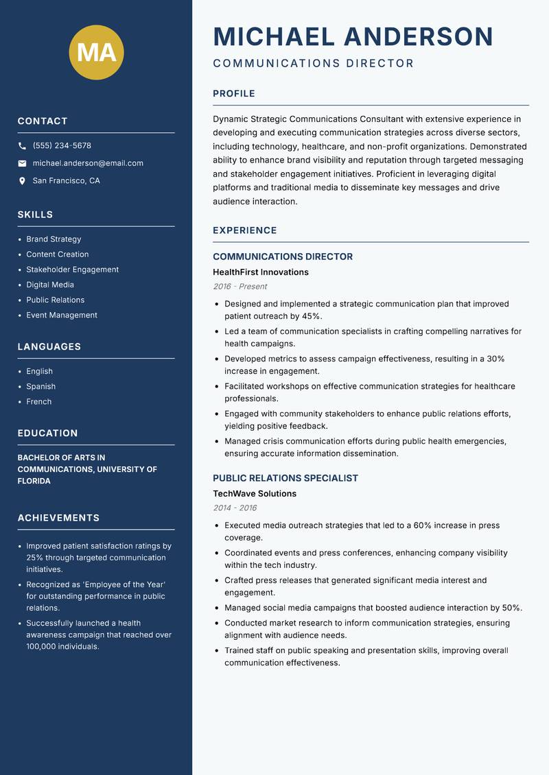 Strategic Communications Consultant Resume Preview Example