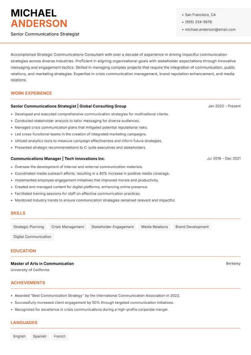 Strategic Communications Consultant Resume Template