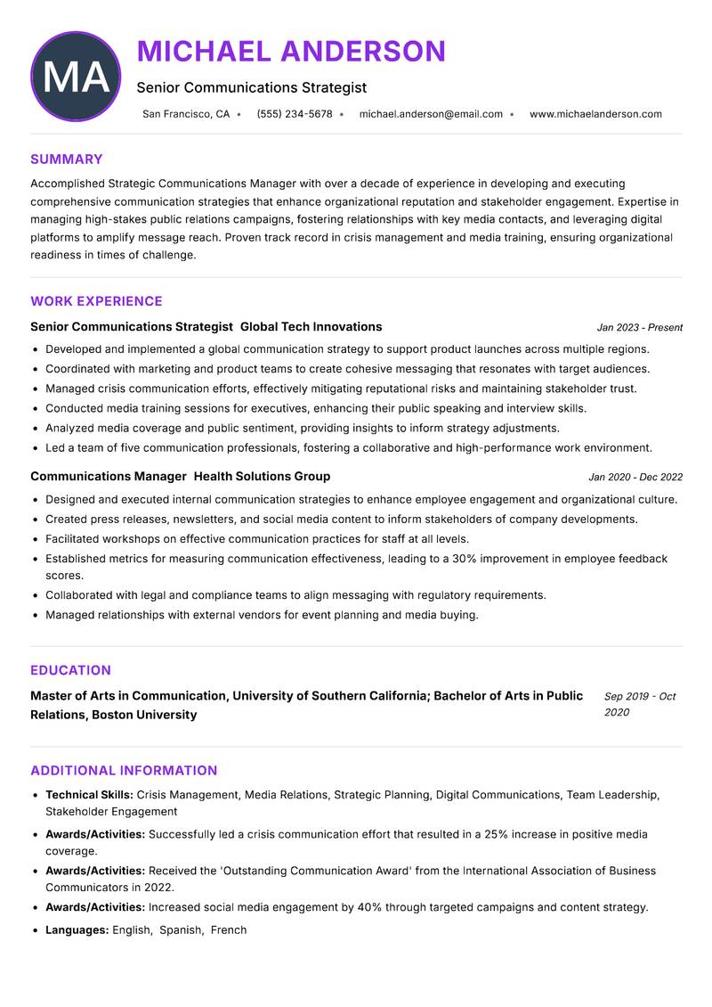 Strategic Communications Manager Resume Preview Example