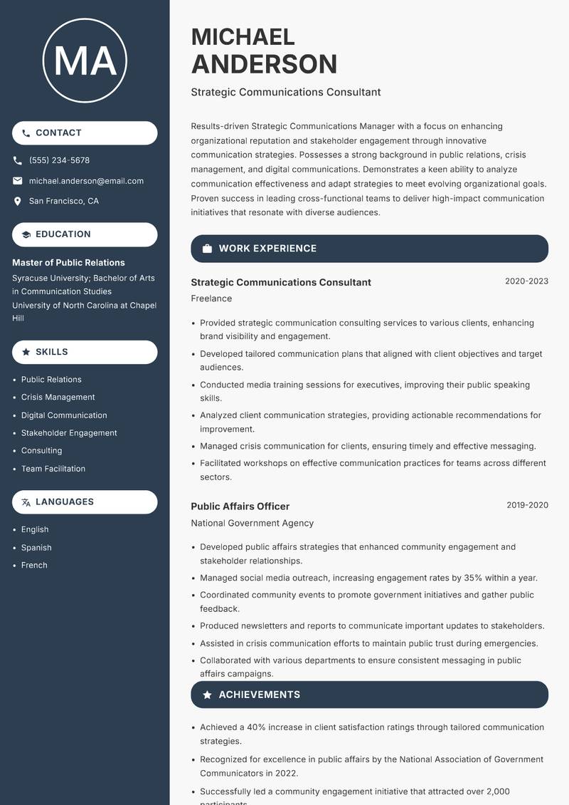 Strategic Communications Manager Resume Preview Example