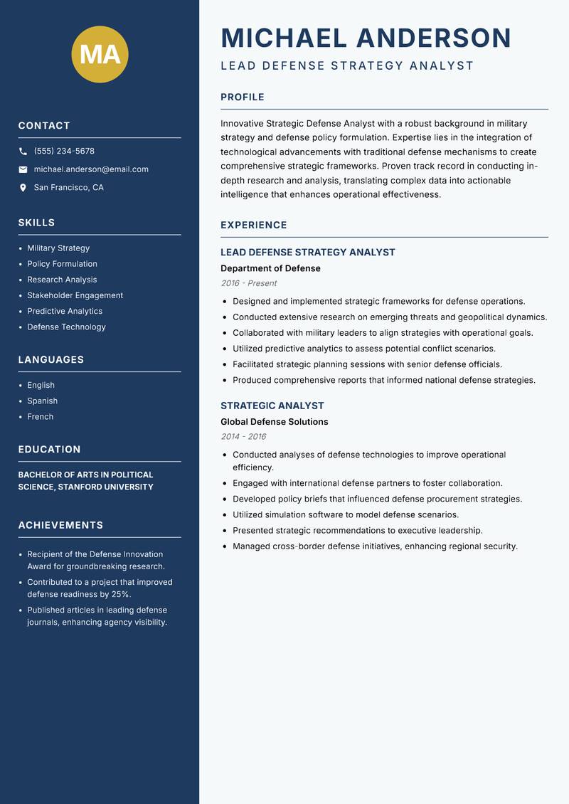 Strategic Defense Analyst Resume Preview Example