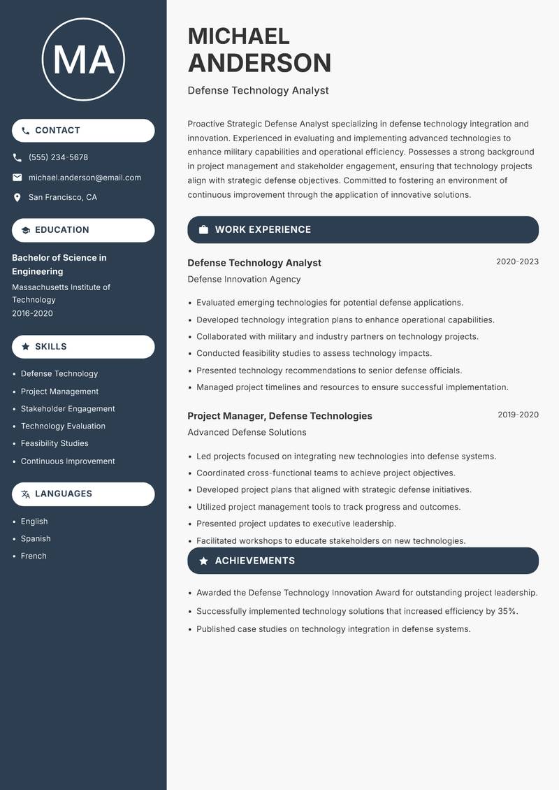 Strategic Defense Analyst Resume Preview Example