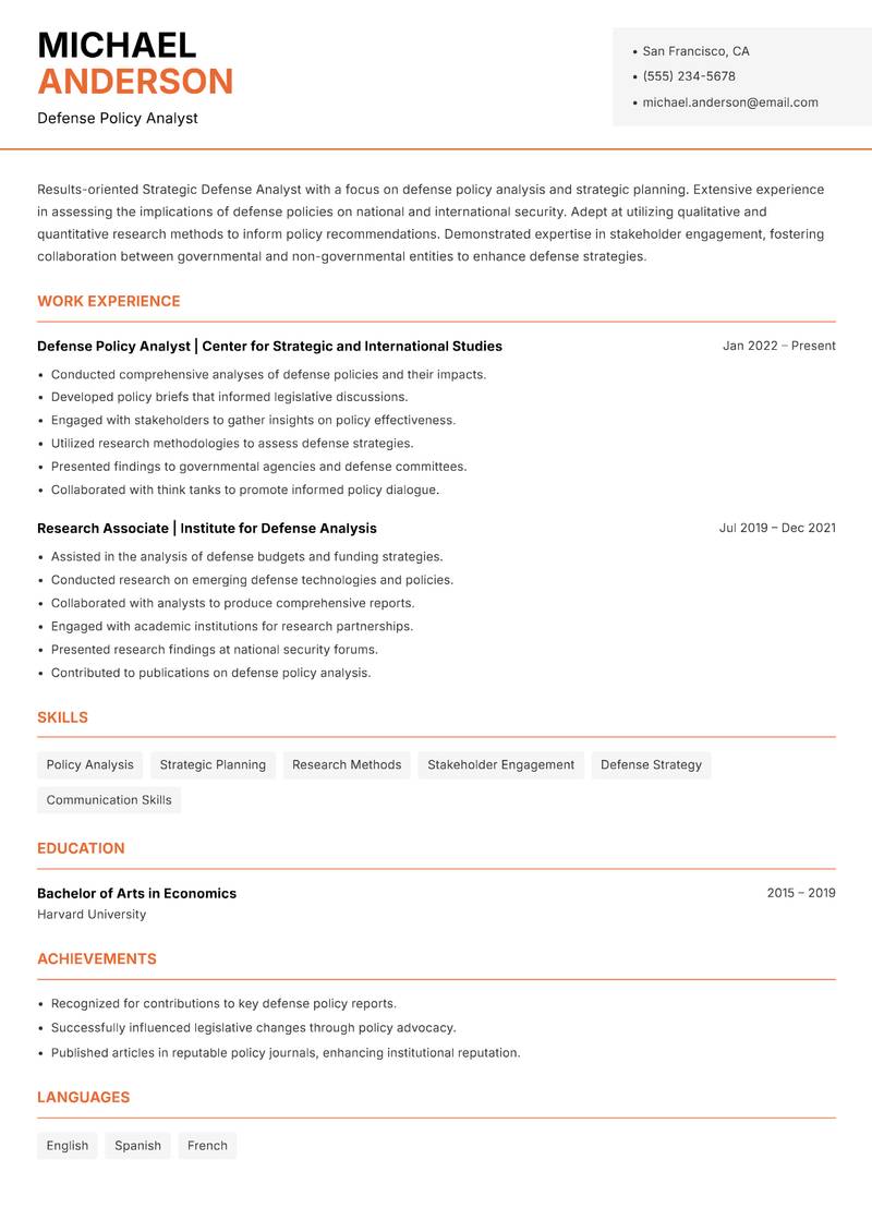 Strategic Defense Analyst Resume Template