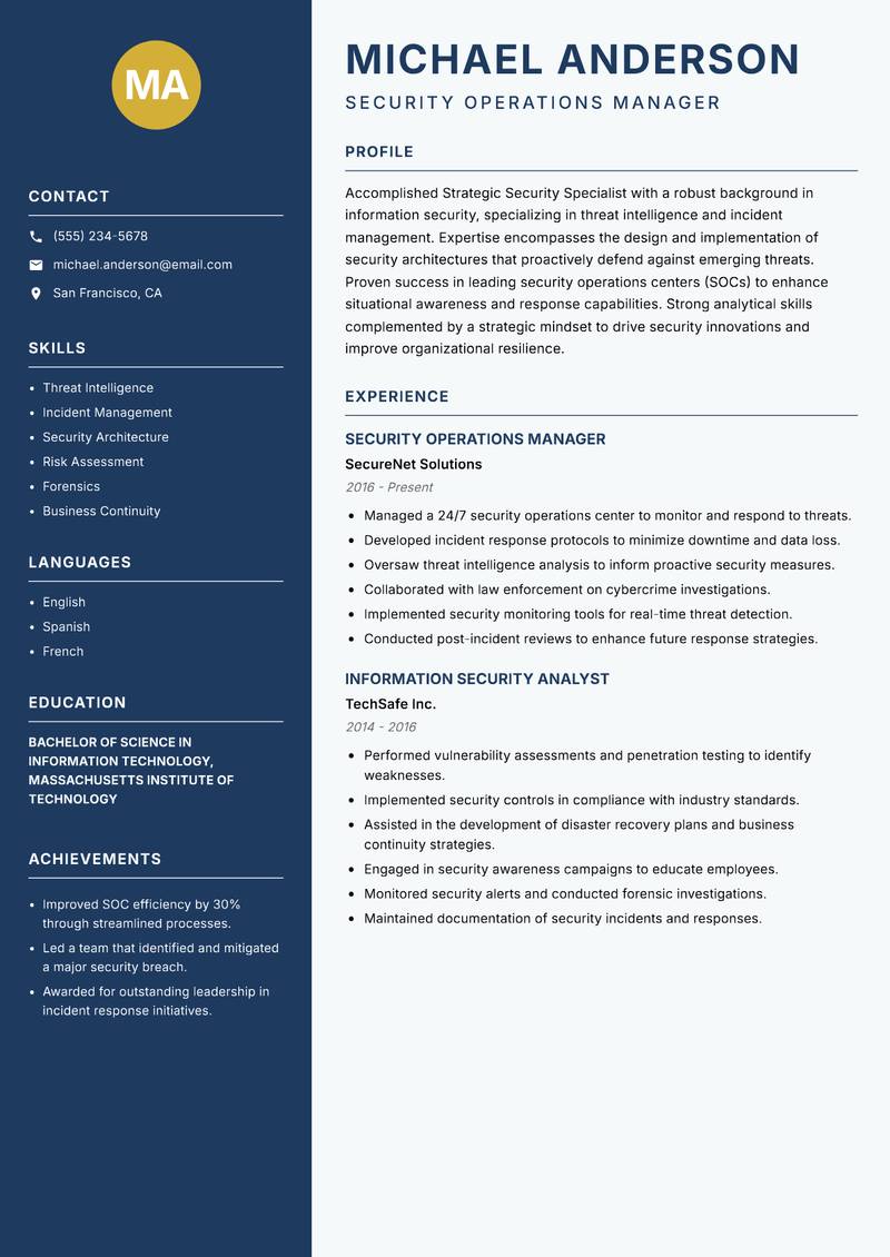 Strategic Security Specialist Resume Preview Example