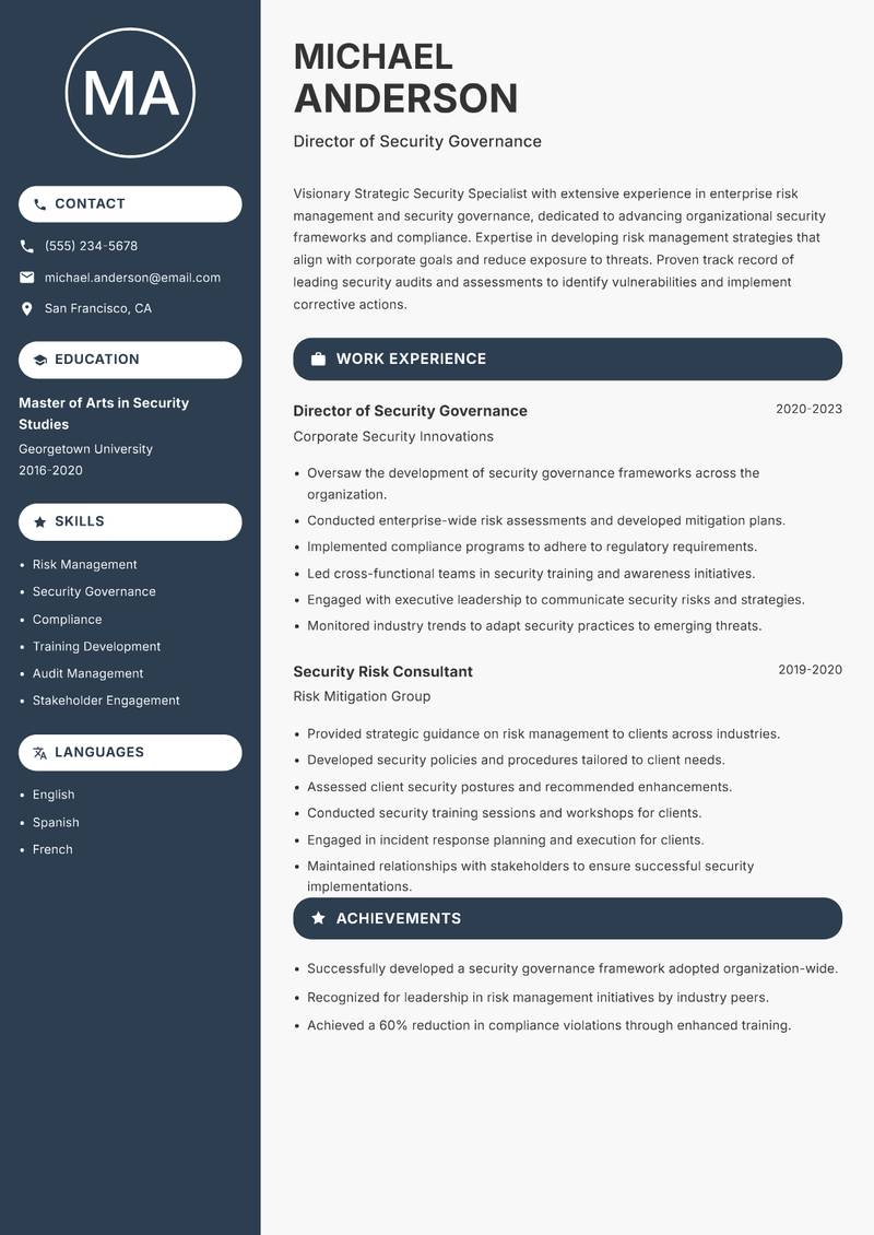 Strategic Security Specialist Resume Preview Example