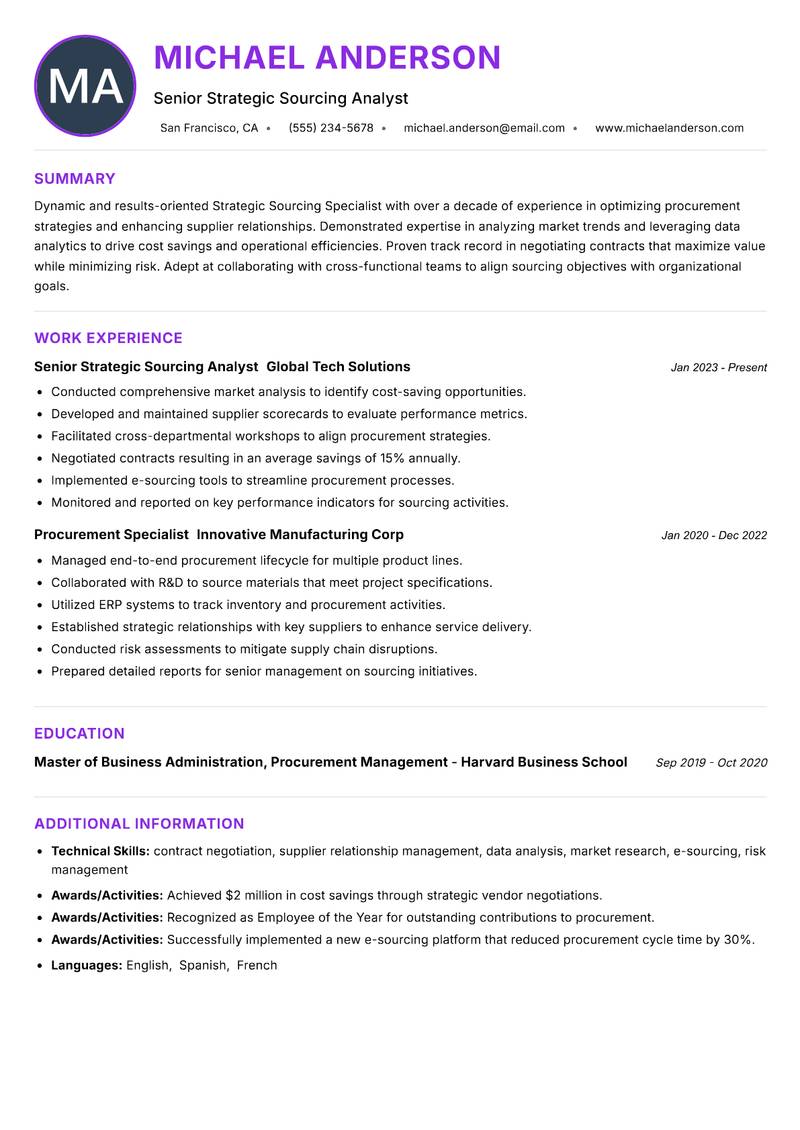 Strategic Sourcing Specialist Resume Preview Example