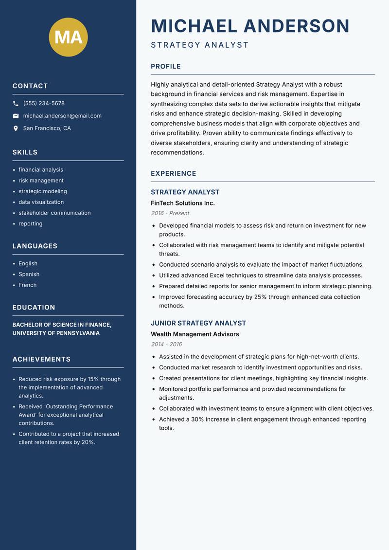 Strategy Analyst Resume Preview Example