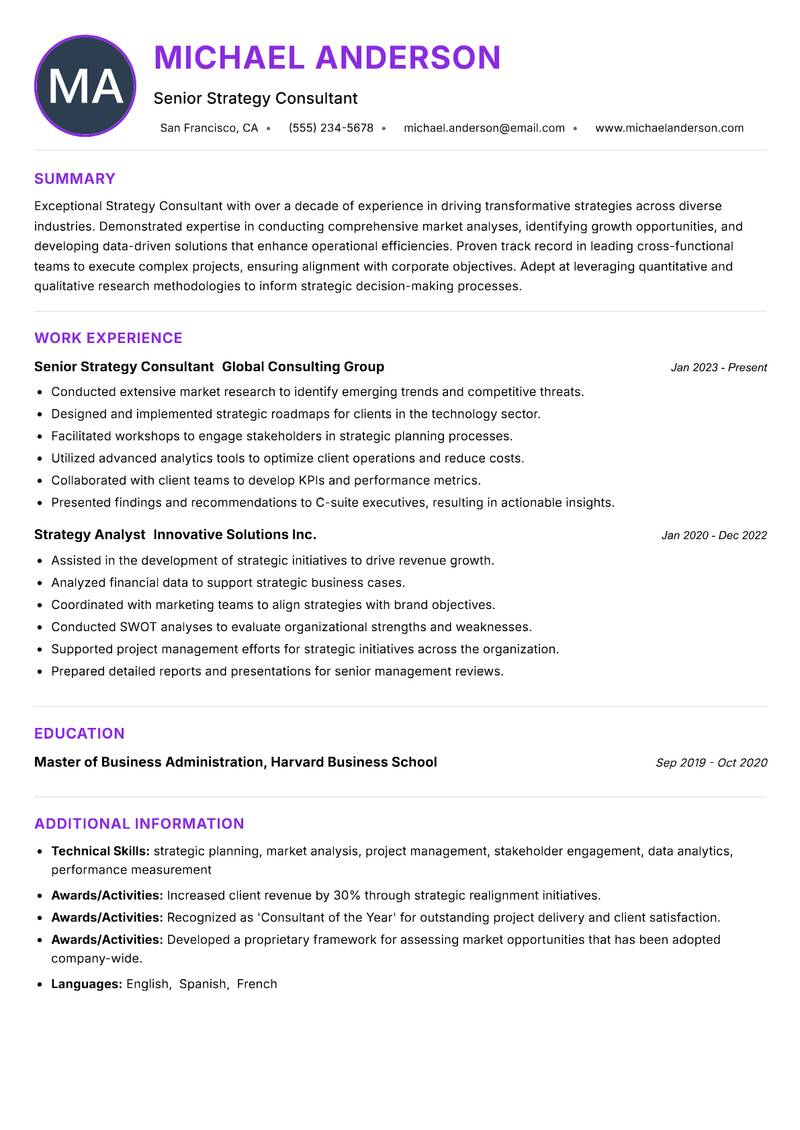 Strategy Consultant Resume Preview Example