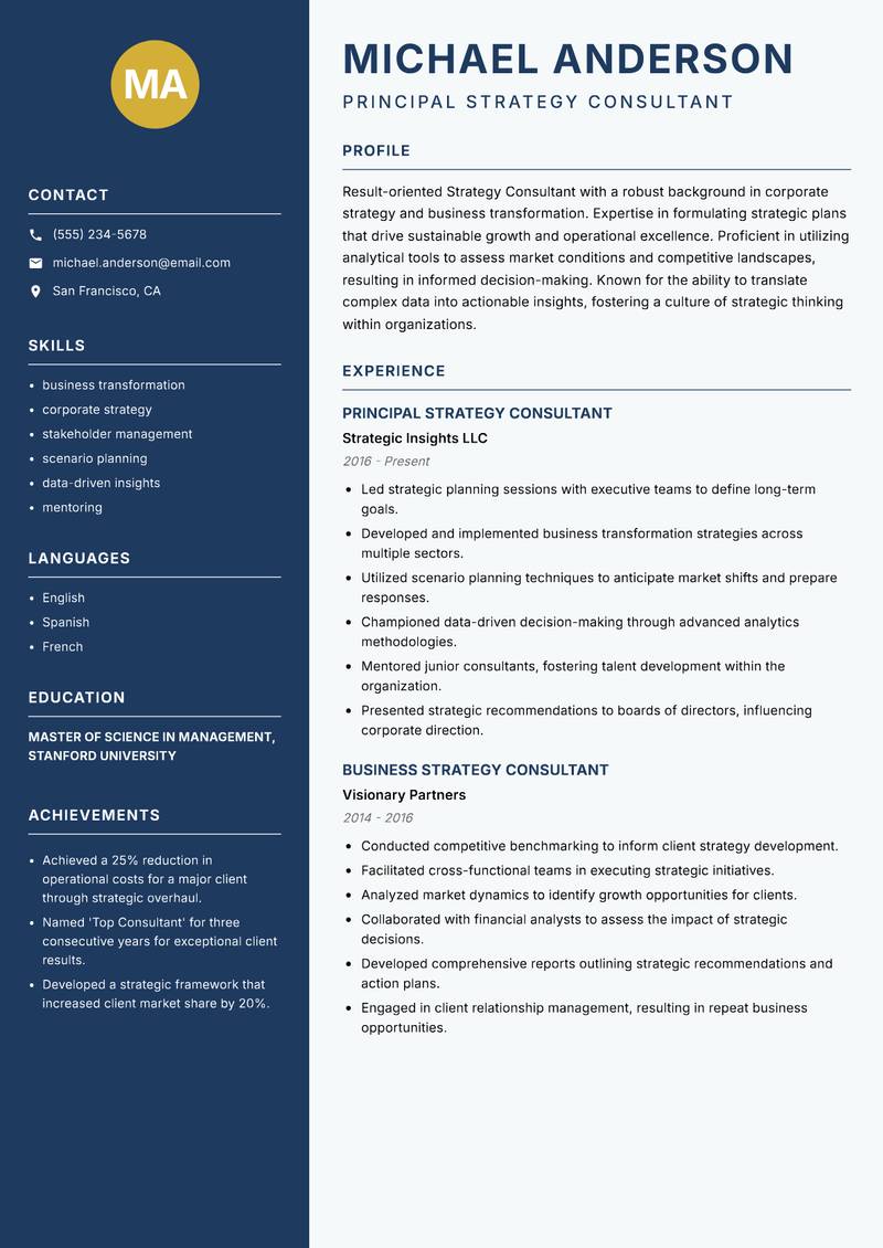 Strategy Consultant Resume Preview Example