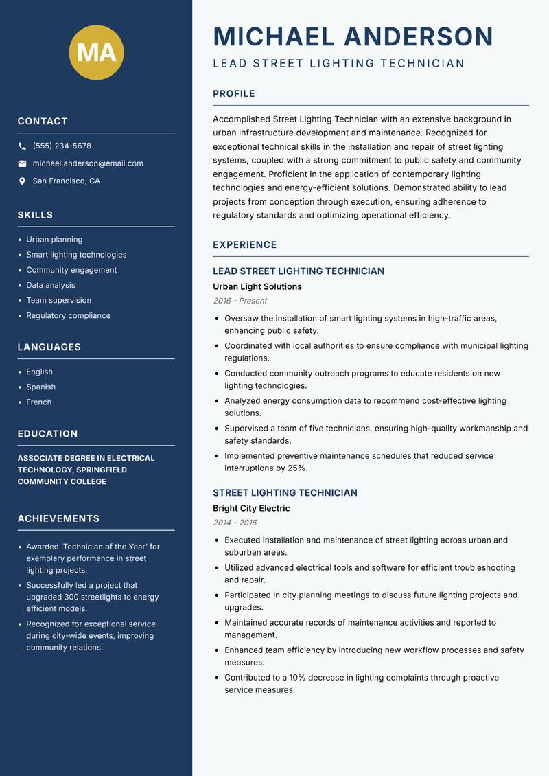 Street Lighting Technician Resume Preview Example