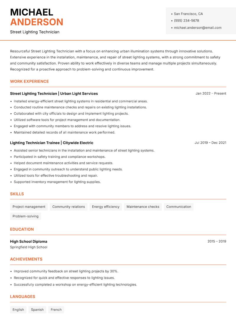 Street Lighting Technician Resume Template