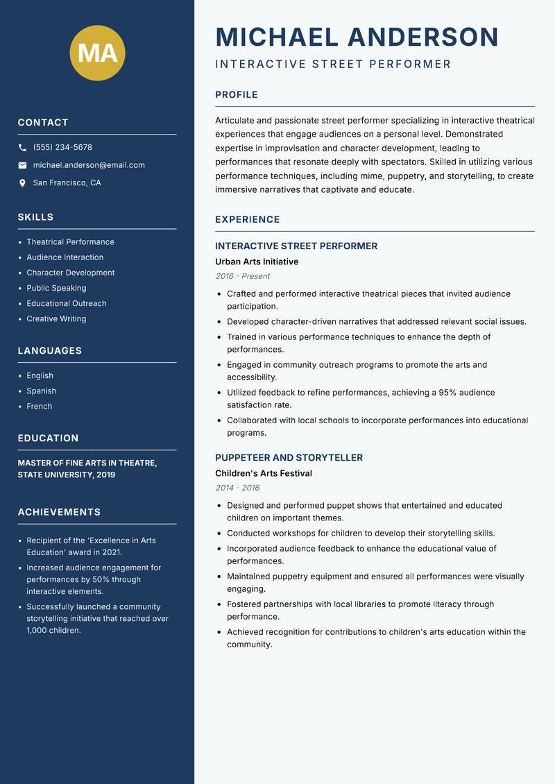 Street Performer Resume Preview Example