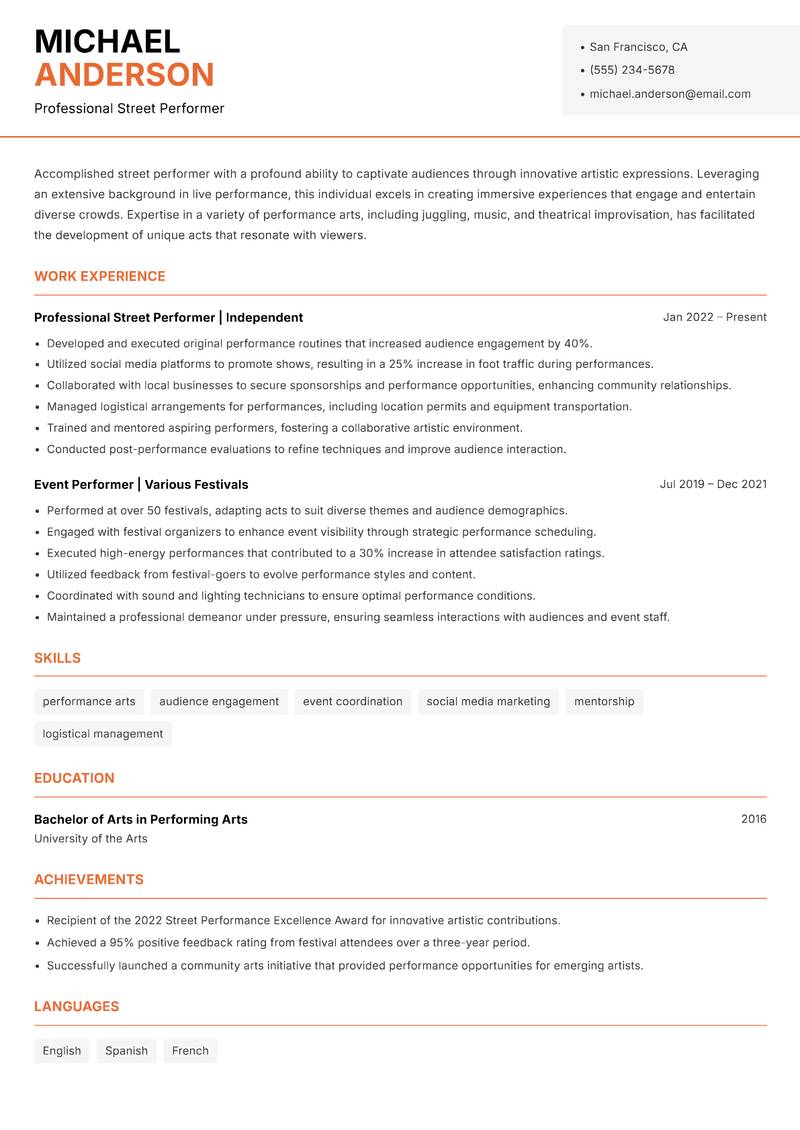 Street Performer Resume Template
