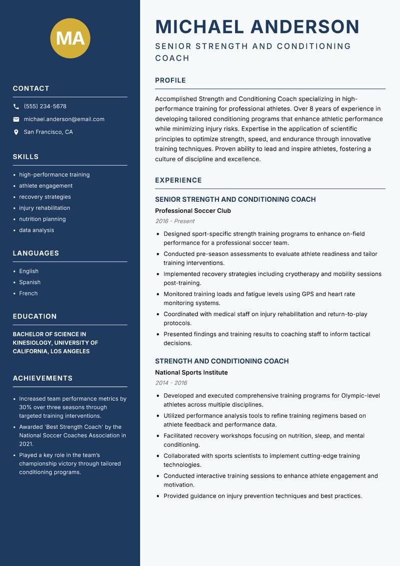 Strength and Conditioning Coach Resume Preview Example