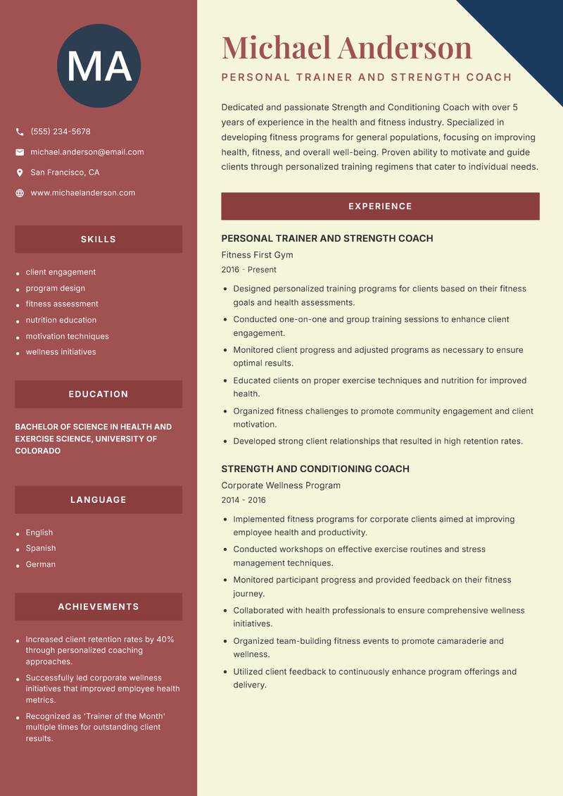 Strength and Conditioning Coach Resume Preview Example