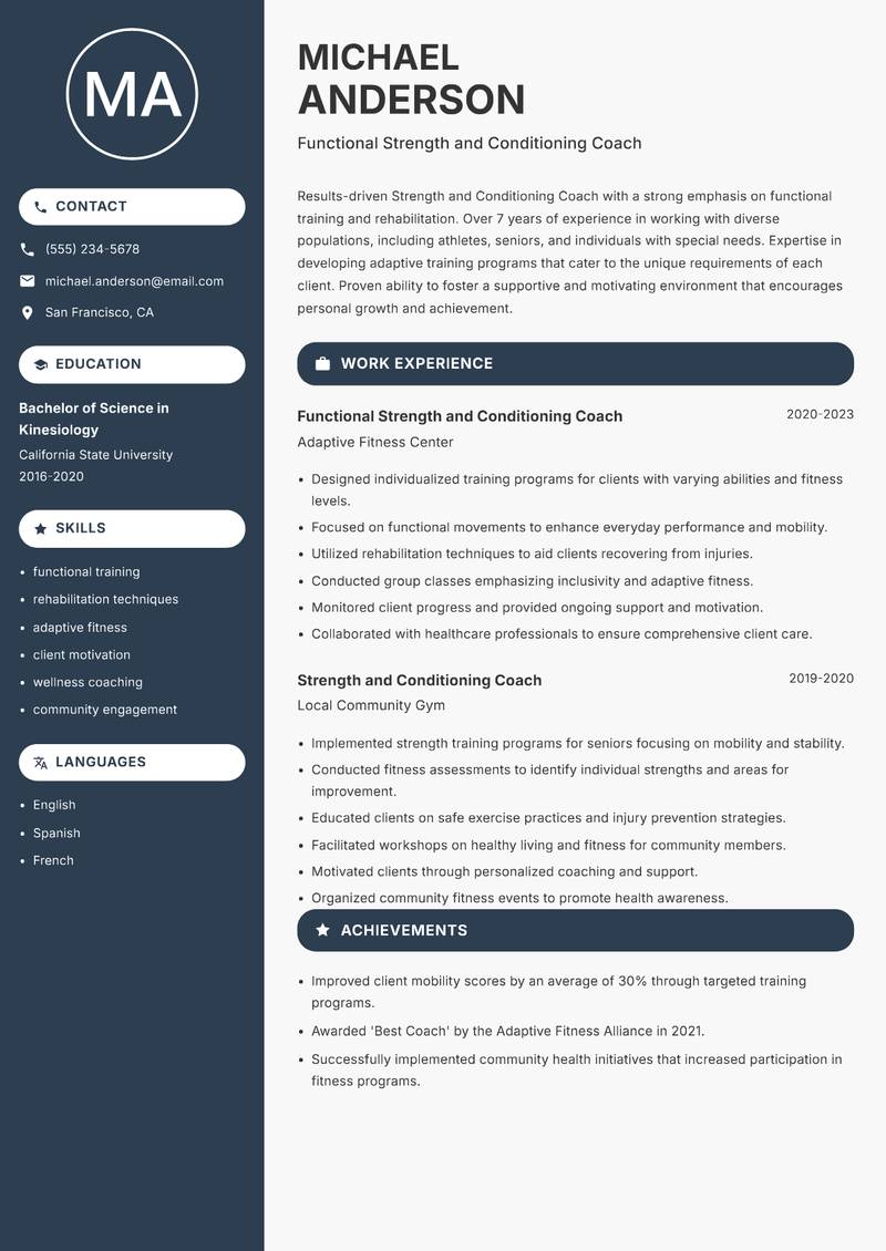 Strength and Conditioning Coach Resume Preview Example