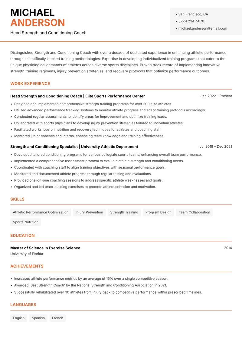 Strength and Conditioning Coach Resume Template