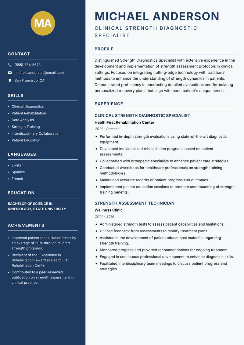 Strength Diagnostics Specialist Resume Preview Example