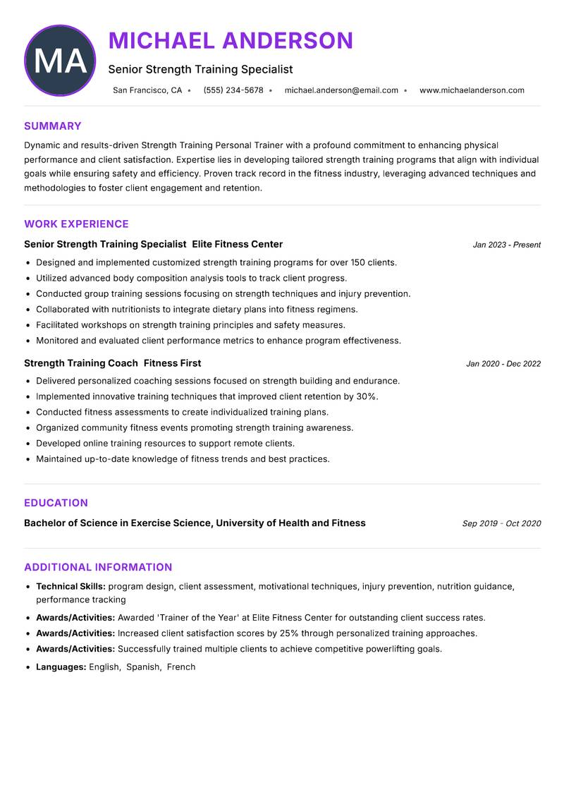 Strength Training Personal Trainer Resume Preview Example