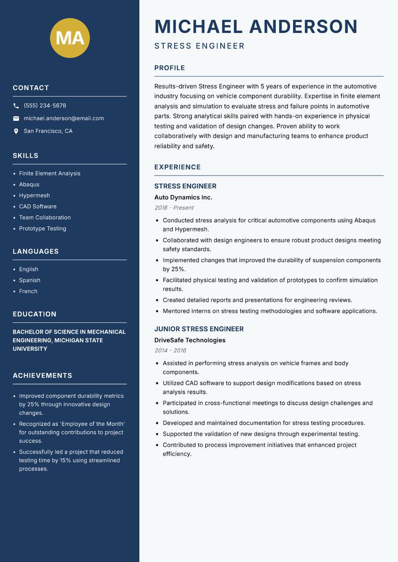 Stress Engineer Resume Preview Example