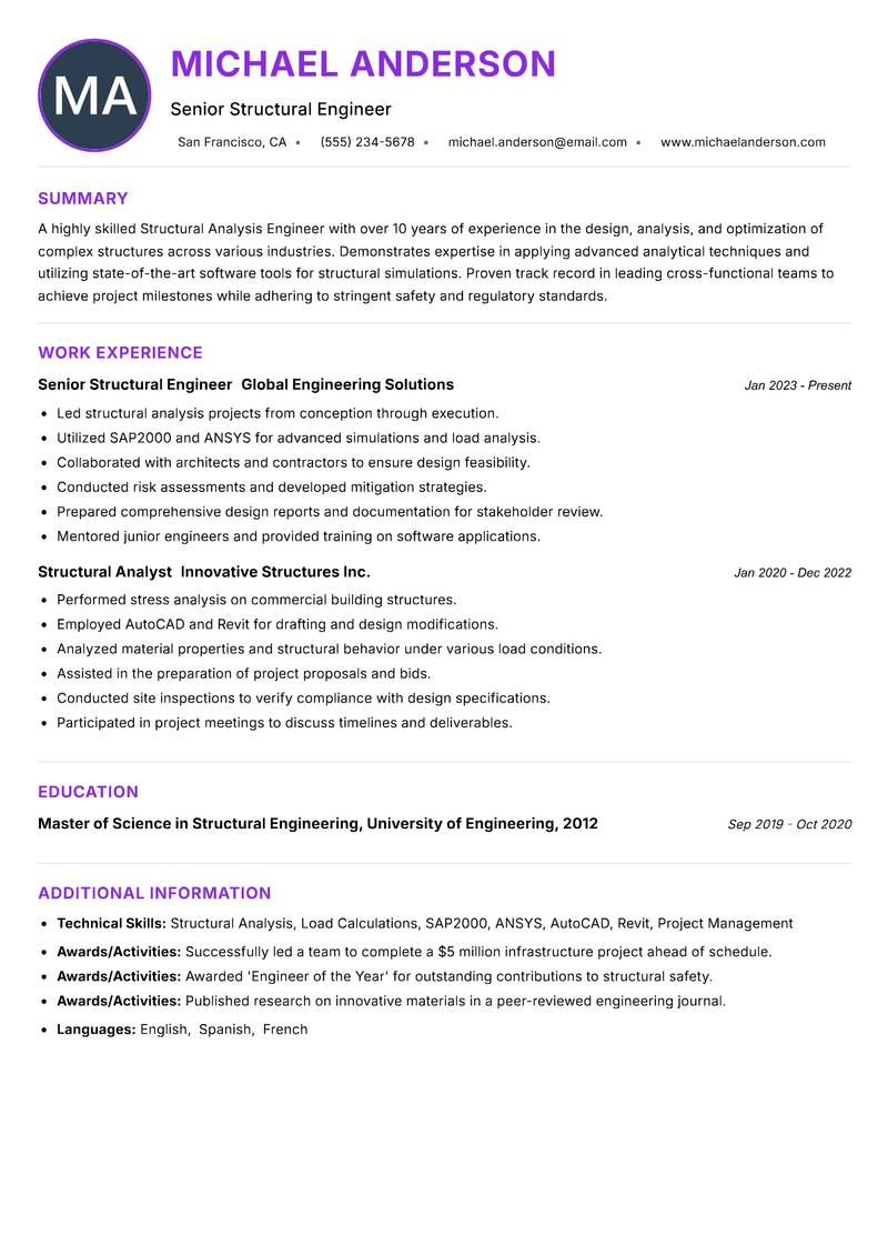 Structural Analysis Engineer Resume Preview Example