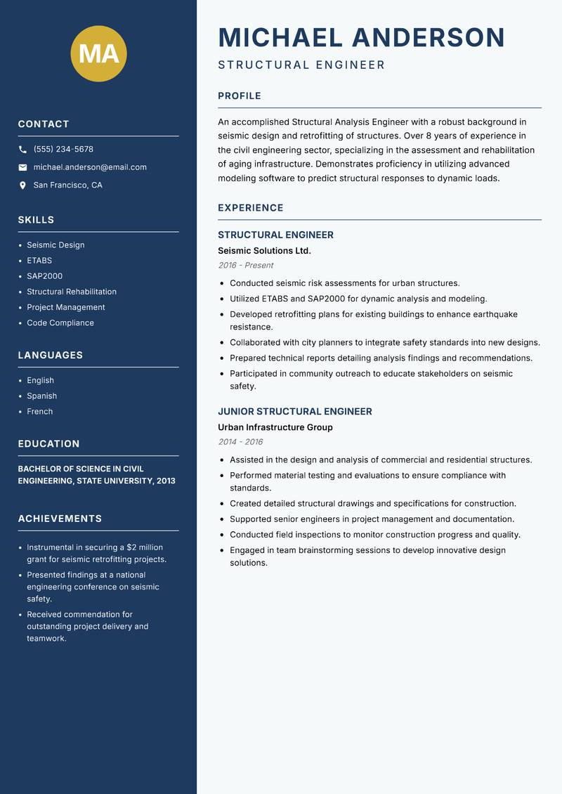 Structural Analysis Engineer Resume Preview Example